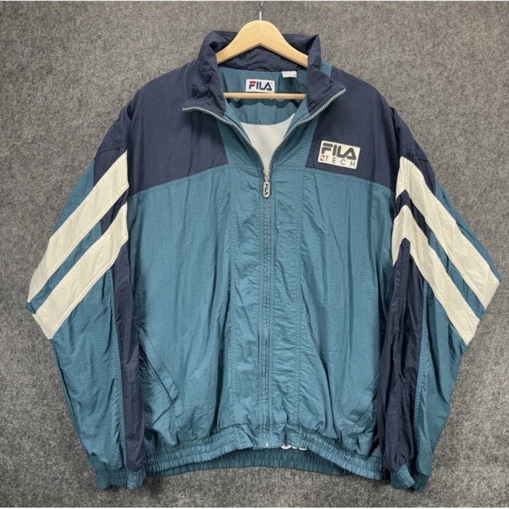 Vintage FILA Tech Windbreaker Jacket Mens XL Blue Stripe Full Zip 90s Y2K